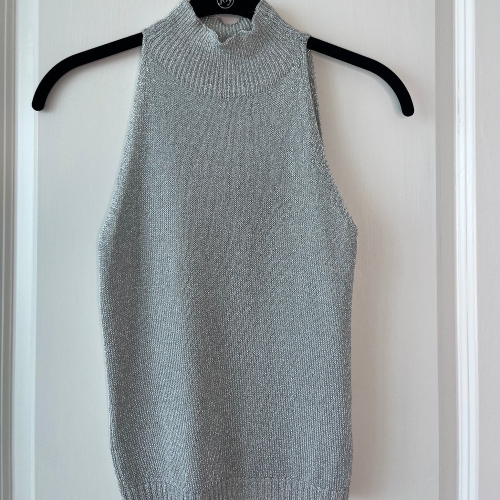 Topshop Metallic Silver Sleeveless Mock Neck Knit Tank – Size 4 (EU 36)